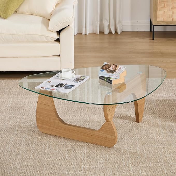 Glass Coffee Table, 44.5" Triangle Center Table with Wood Base Abstract Contemporary Coffee Table for Living Room Office Patio, Natural