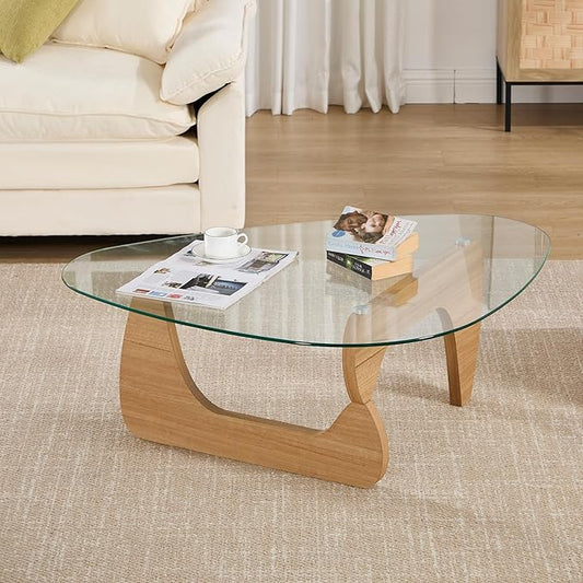 Glass Coffee Table, 44.5" Triangle Center Table with Wood Base Abstract Contemporary Coffee Table for Living Room Office Patio, Natural