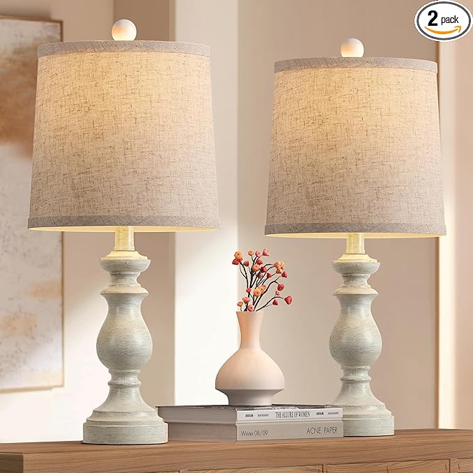 PARTPHONER Traditional Table Lamp Set of 2, Rustic Farmhouse Table Lamps for Living Room Bedroom, 22" Bedside Desk Lamps Vintage Nightstand Lamps with Linen Shades, Antique White