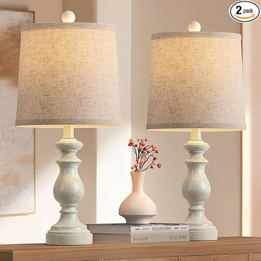 PARTPHONER Traditional Table Lamp Set of 2, Rustic Farmhouse Table Lamps for Living Room Bedroom, 22" Bedside Desk Lamps Vintage Nightstand Lamps with Linen Shades, Antique White