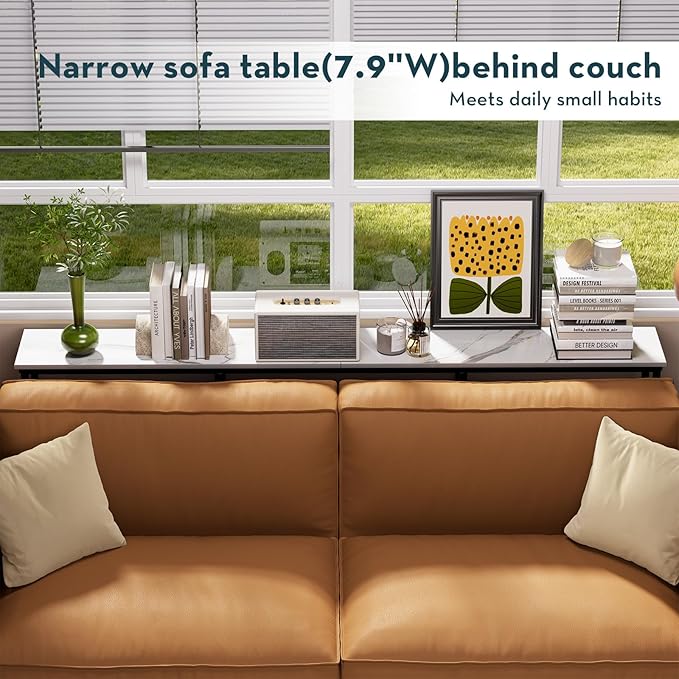 WOHOMO Console Table,Small Modern Entryway Table for Entry,3-Tier Long Sofa Table Behind Couch for Living Room,Entrance,White Marble(63 inch)