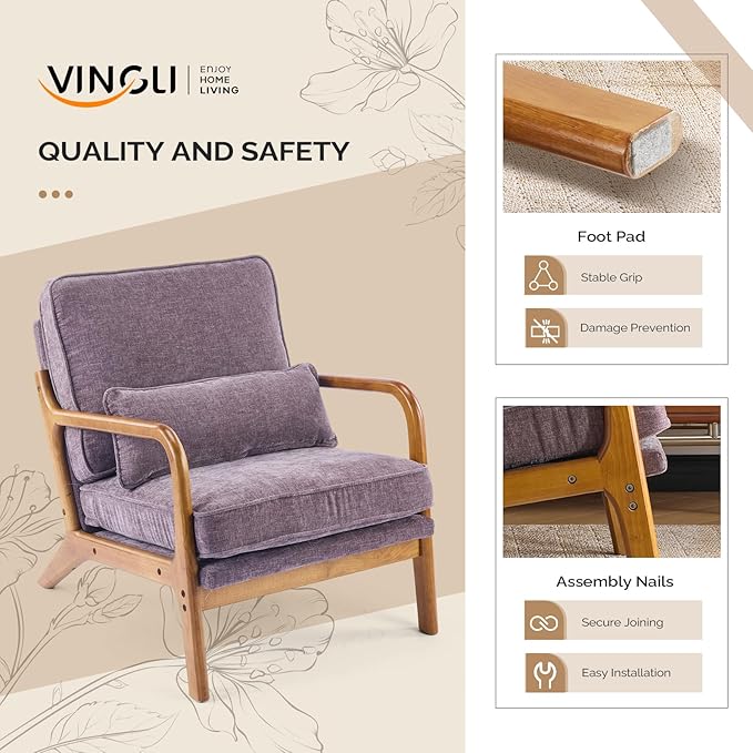 VINGLI Chenille Mid-Century Modern Accent Chair, Cute Reading Arm Chair with Cushion & Lumbar Pillow & Solid Wood Frame for Lounge, Living Room, Reading Room, Bedroom, Light Purple