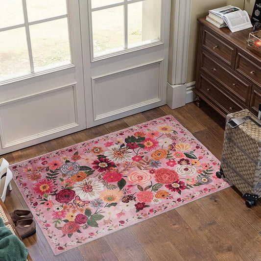 Pink Floral Rug for Entryway, 2X3 Washable Kitchen Mat Ultra-Thin Soft, Non-Slip Indoor Door Carpet Stain Resistant Boho Small Low-Pile Throw for Bathroom Bedroom (2 x 3, Pink Garden)
