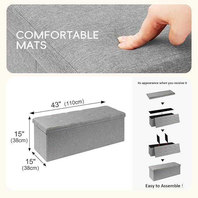 PINPLUS Folding Storage Ottoman Bench, Grey Linen Long Ottoman Chest Foot Rest Stool with Padded Seat, Chest with Tray, Bedroom Bench with Storage, 43.3inches