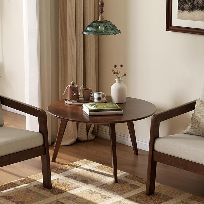 100% Solid Oak Wood Mini Coffee Table, Round Cofffe Tables Side Table w/Solid Wood Legs, Walnut Mid Century Table for Bedroom Balcony Living Room (29.53" D x 17.72" H)