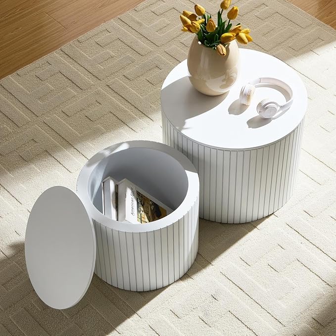 KEVINSPACE Small Coffee Table Nesting EndTable Set of 2, Round CoffeeTable with Storage Function Wood SideTable Circle Accent Tables for Small Spaces Living Room Bedroom Balcony Office White