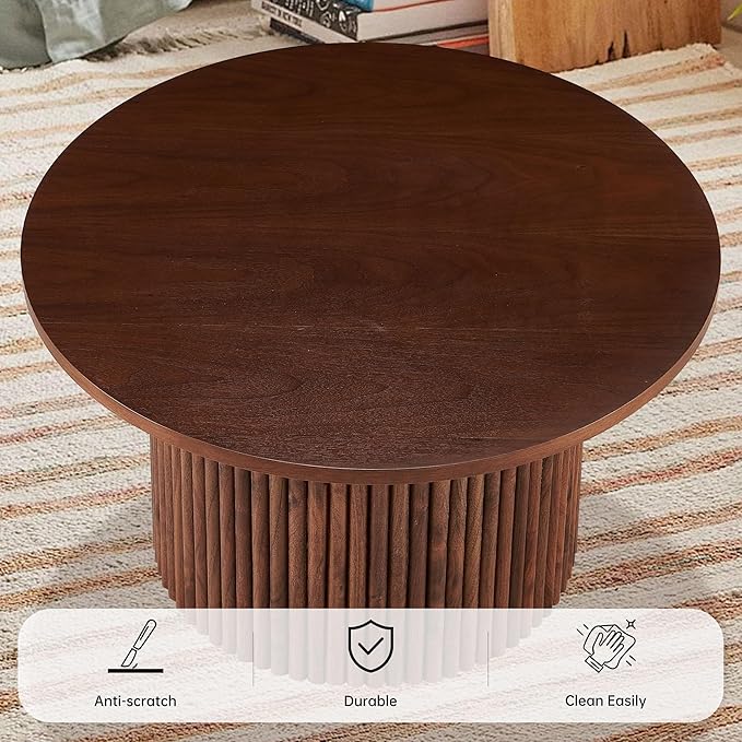 27" Round Coffee Table, Coffee Table for Living Room, Mid Century Modern Wood Coffee Table, Drum Accent Small Center Table, Walnut Wood Veneer