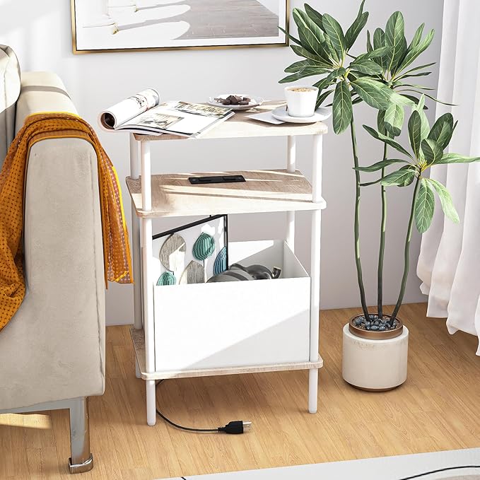 Small Side Table with Charging Station, Set of 2 End Table for Small Spaces, Slim Nightstand with Outlet,Sofa Beside Table, 3-Tier Storage Shelf,Living Room, Bed Room, Natrual Oak