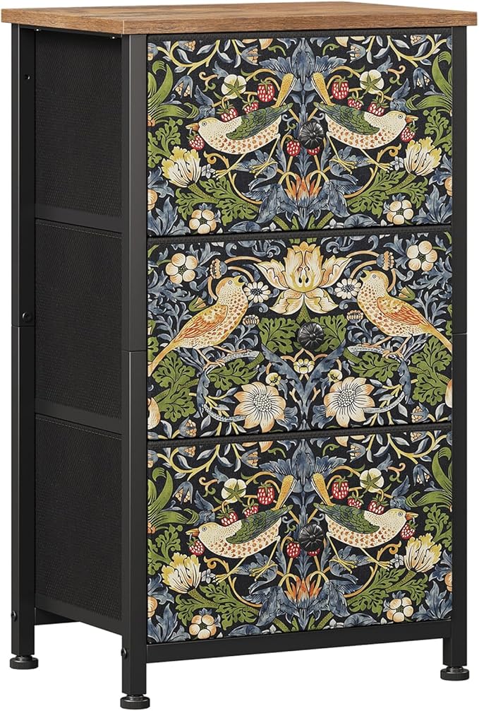 Dresser with 3 Drawers Strawberry Thief Drawer Dresser for Bedroom Vintage Nightstand Small Dressers & Chests of Drawer for Halfway Entryway Living Room Sturdy Steel Frame Wood Top, Brown