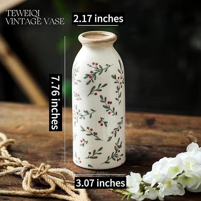 Ceramic Rustic Farmhouse Vase, Holly Pattern Flower Vase for Home Decor, Ideal Shelf Decor, Boho Vase for Living Room Bedroom Kitchen Office Decor Centerpiece Table Decorations (7.8 inches)…