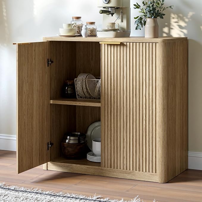 Evermagin 31.5" Oak Buffet Cabinet with Storage, Fluted Sideboard Cabinet with Adjustable Shelves，Boho Credenza, Console Table with 2 Doors for Dining Room, Kitchen, and Living Room