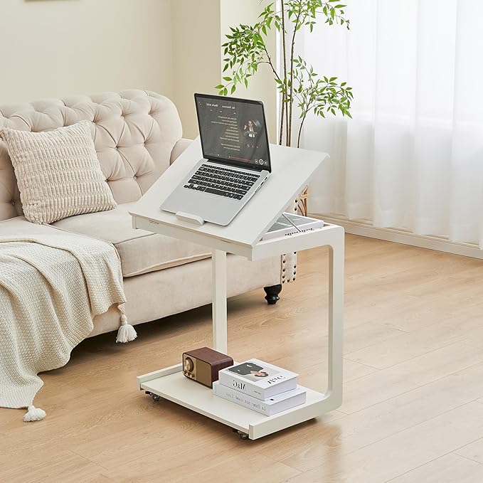 C Shaped Rolling End Table with Wheels - Solid Wood Side Table for Couch, Wooden Modern Tv Tray Bedside Tables for Sofa Armchair Living Room Bedroom, White, 15.4 in x 23.6 in x 24.8 in