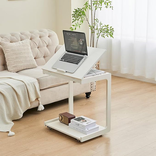 C Shaped Rolling End Table with Wheels - Solid Wood Side Table for Couch, Wooden Modern Tv Tray Bedside Tables for Sofa Armchair Living Room Bedroom, White, 15.4 in x 23.6 in x 24.8 in