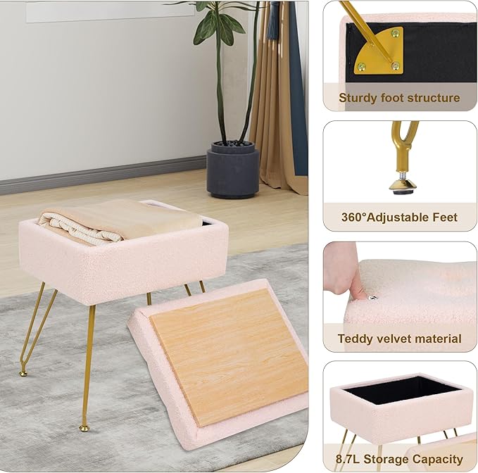 Vanity Chair with Storage, 15.7" L x 11.8" W x 17.7" H Teddy Velvet Vanity Stool with Coffee Table and Metal Legs, Multifunctional Makeup Stool for Vanity, Bedroom, and Living Room, Pink