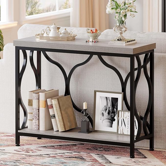 IBF Narrow Entryway Table with Storage, Modern Wood Metal Console Sofa Table Behind Couch Tables, Industrial Narrow Hallway Table for Living Room Home Office Foyer Entry Way Entrance, Grey, 39.4 Inch