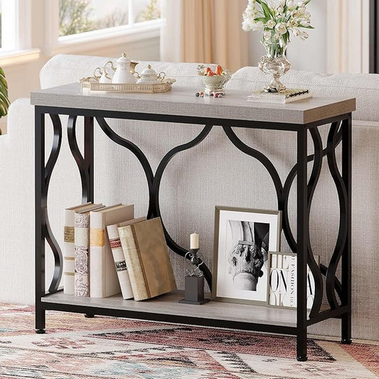 IBF Narrow Entryway Table with Storage, Modern Wood Metal Console Sofa Table Behind Couch Tables, Industrial Narrow Hallway Table for Living Room Home Office Foyer Entry Way Entrance, Grey, 39.4 Inch