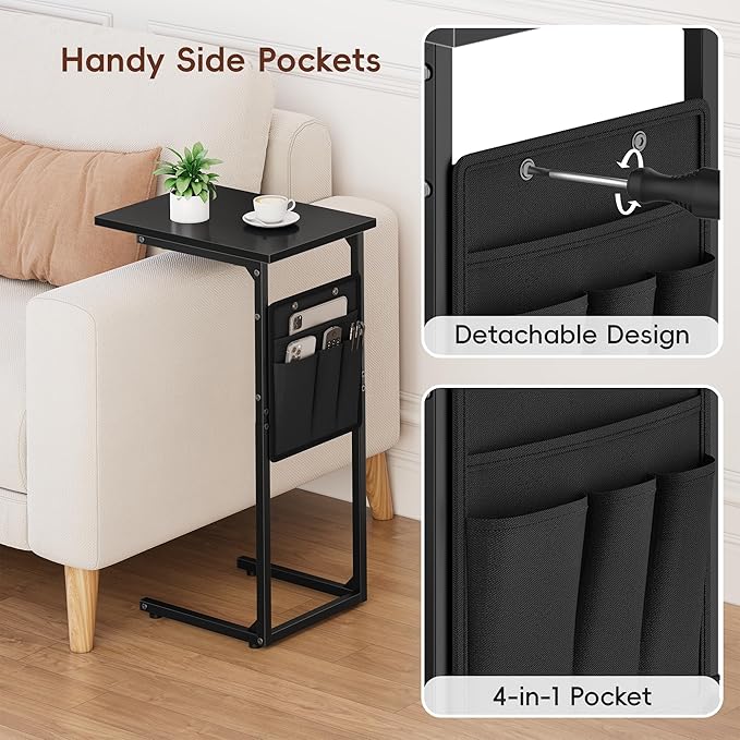 Vagusicc C Shaped End Table, Small Side Table for Couch, Couch Side Table Arm C Table for Sofa, TV Tray Slide Under Sofa Drink Table with Metal Frame for Living Room, Bedroom, Bedside, Black