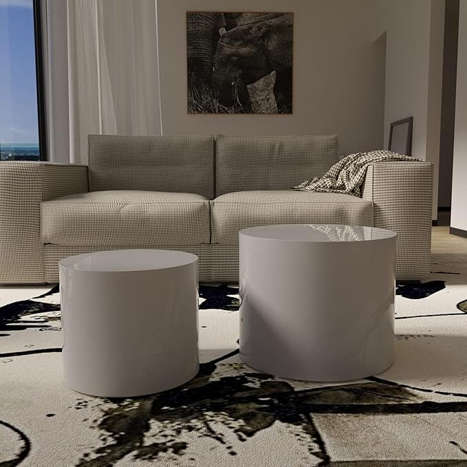 Kevinplus White Coffee Table Small Nesting Side Table Set of 2 for Living Room, Modern-Industrial Round