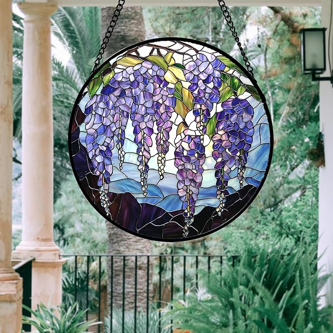 Stained Glass Window Hanging, Wisteria Flower Sun Catcher for Door Home Decor Purple and Blue Suncatcher Christmas Mother's Day Birthday Gifts for Women Men Mom and Nana 15 in