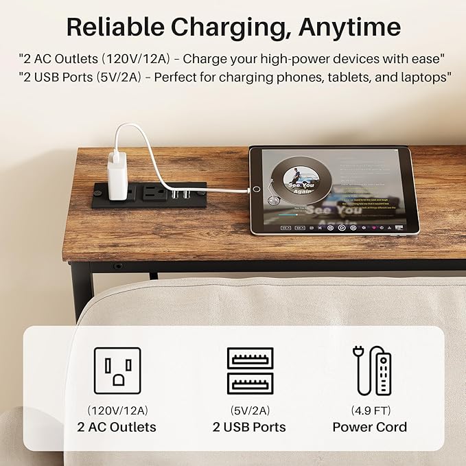 Kitstorack 2-Pack Rustic Brown Console Table, 7.9" Deep Panel, Adjustable Height (25"-33") & Built-in Power Outlets, Behind Sofa Couch, Includes 4.9' Power Cord - 79" L