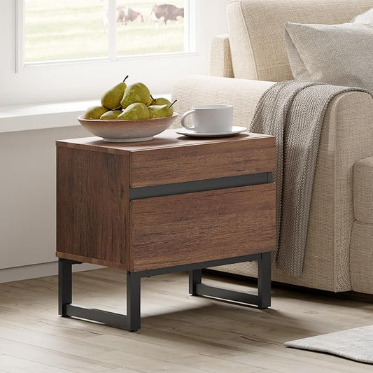 WAMPAT Modern End Table with 2 Drawers, Farmhouse Sofa Table, Wooden Rustic Side Sofa Table with Metal Leg for Living Room, Nighstand for Bedroom, Brown