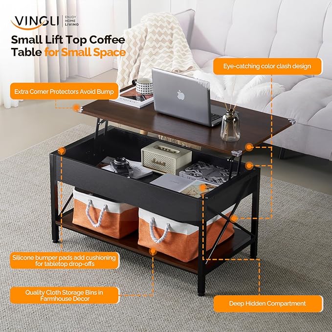 VINGLI 36" Lift Top Coffee Table with Storage, Rustic Espresso Coffee Table with Free Cloth Storage Bins for Living Room, Small Side Table for Small Space in Minimalistic Style, Espresso