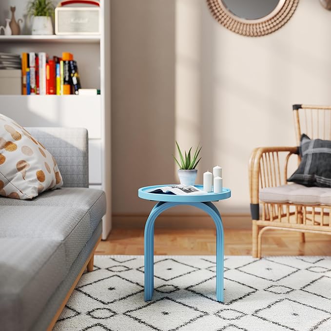 17.7”Wide Modern Side Table, Blue Wooden End Table, Round Accent Table for Small Spaces, Bedside, Couch Side, Narrow Nightstand for Living Room