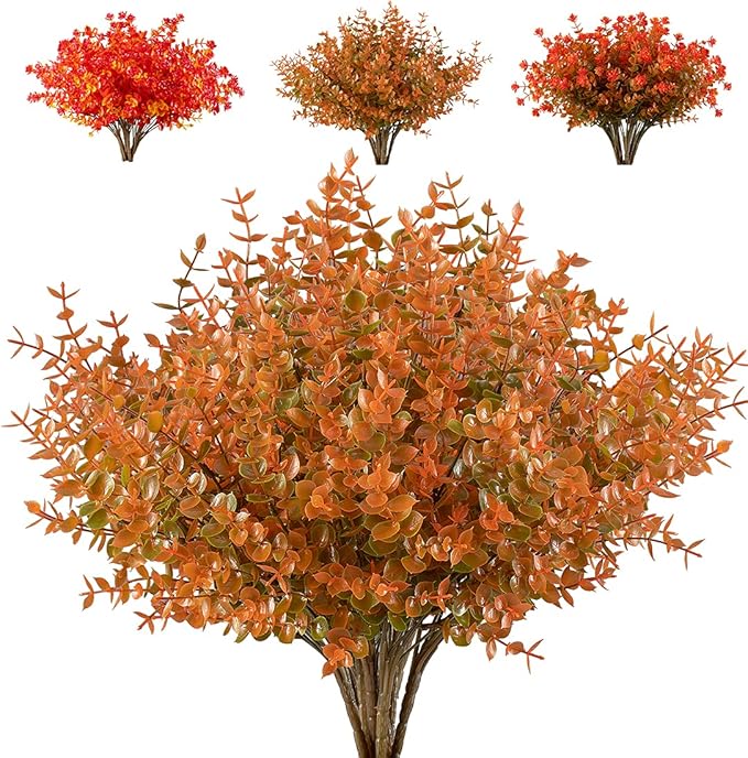 12 Bundles Artificial Flowers Fake Boxwood Shrubs UV Resistant No Fade Faux Greenery Faux Plastic Lotus for Home Garden Hanging Planter Indoor Porch Patio Office Wedding Decoration(Fall)