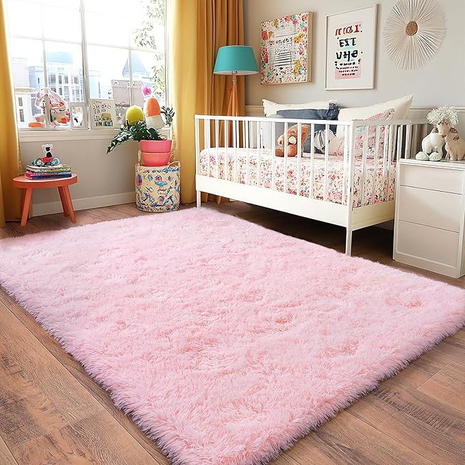 Pink Rug for Girls Bedroom, 5x7 Area Rug for Cute Girls Room, Bedside Indoor Floor Fluffy Shag Carpet, Plush Soft Rug for Living Room Nursery Dorm Home Decor
