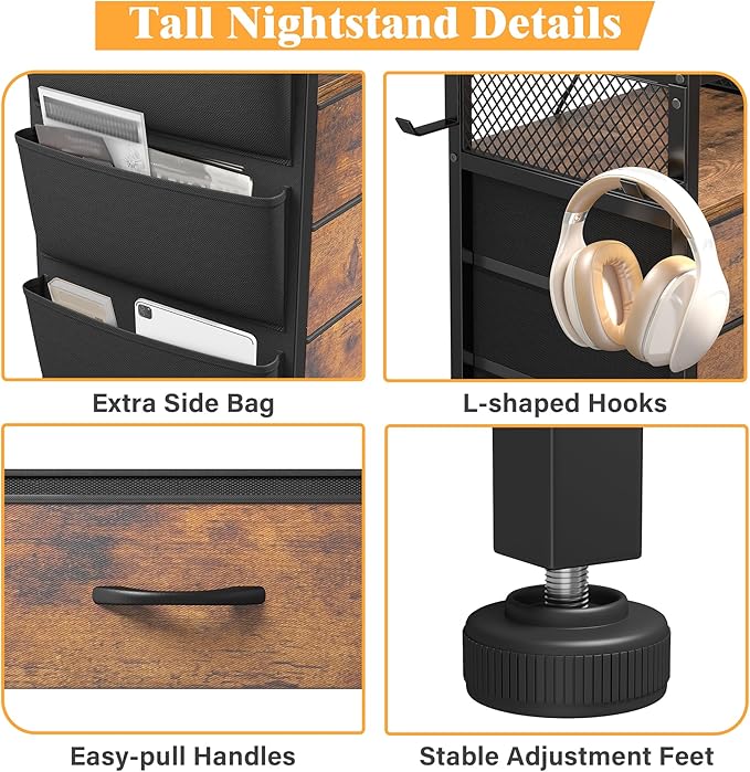 EnHomee Tall Night Stand Set 2 with 5 Drawers, LED Nightstand with Ports & Outlets, Bedside Table with Extra Side Bag & Storage Shelf & Hooks, Bedroom, Dorm, Closet