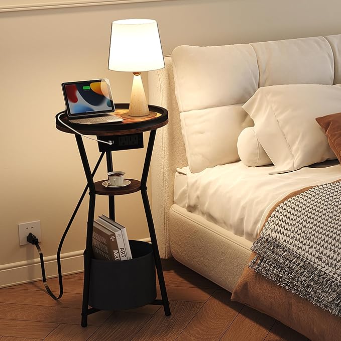 Yusong Round Side Table with Charging Station, Small Drink Table for Small Spaces, 3-Tier Industrial End Table, Accent Nightstand Bedside Table for Living Room, Bedroom, Sofa Couch, Rustic Brown