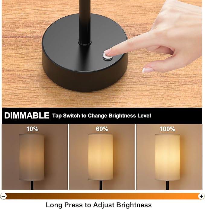 ROTTOGOON Cordless Table Lamp Touch Control Dimmable Small Bedside Table Lamps with Beige Fabric Shade 5000mAh Rechargeable Battery Powered Desk Lamp for Bedroom,Home,Office,Dorm-Black