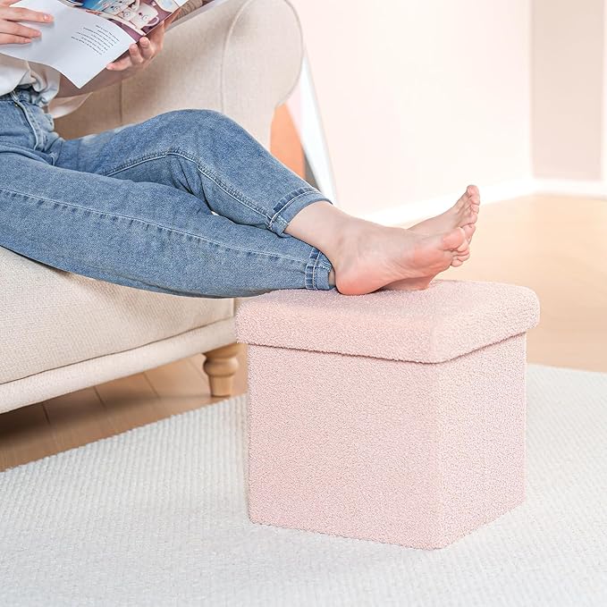 B FSOBEIIALEO Small Storage Ottoman Cube Sherpa Ottomans Foot Rest, Foldable Boucle Ottoman, Faux Teddy Fur, Pink 12.6"x12.6"x12.6"