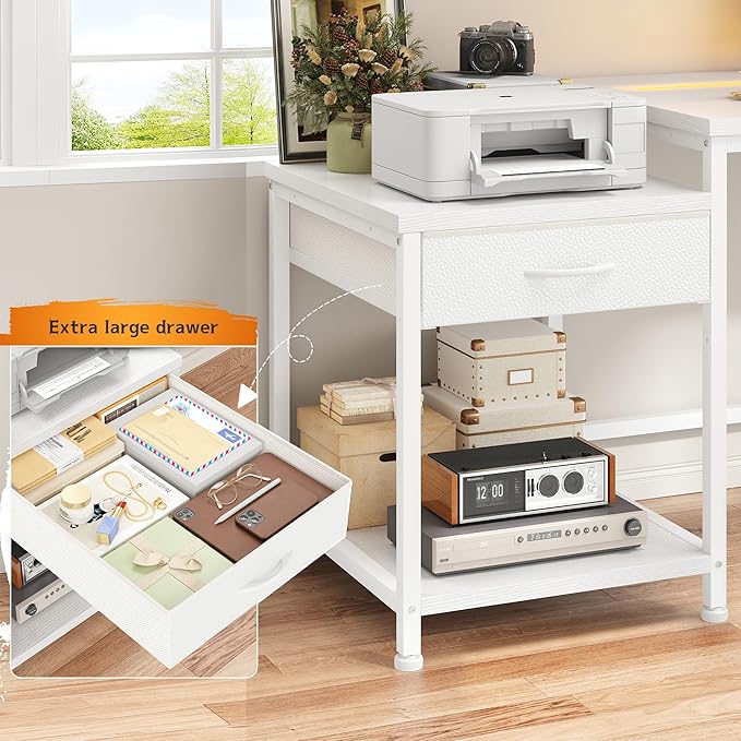 Computer Desk with Printer Shelf & Storage Shelves,56 Inch Gaming Desk with LED Lights & Power Outlet,Office Desk with Headphone Hook,Reversible Corner Desk for Small Space,White