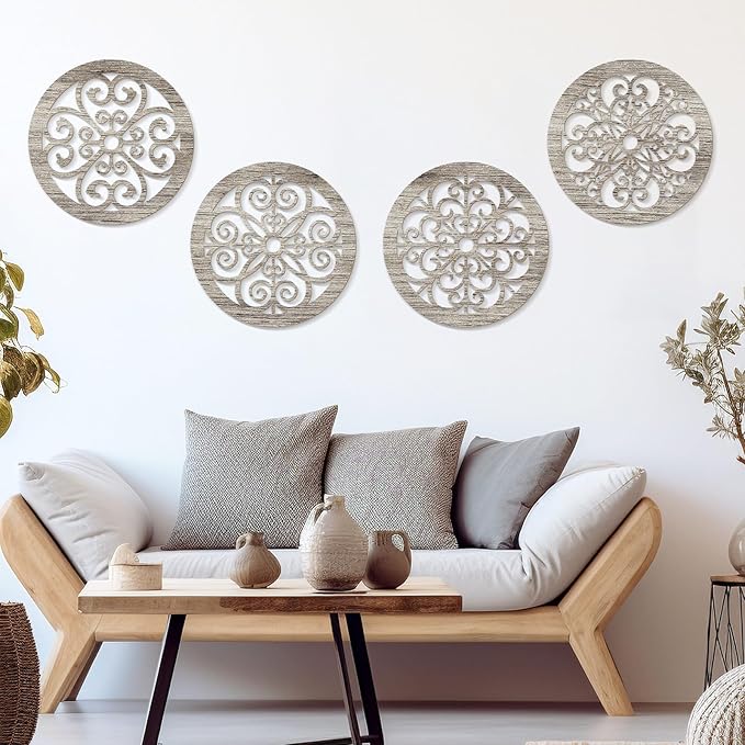 Zzbakress 4 Pieces Farmhouse Wall Decor Rustic Circle Wall Decor Wooden Hollow Carved Round Wall Art for Living Room Bedroom Kitchen Bathroom Home Wall Decoration (Delicate, Retro)