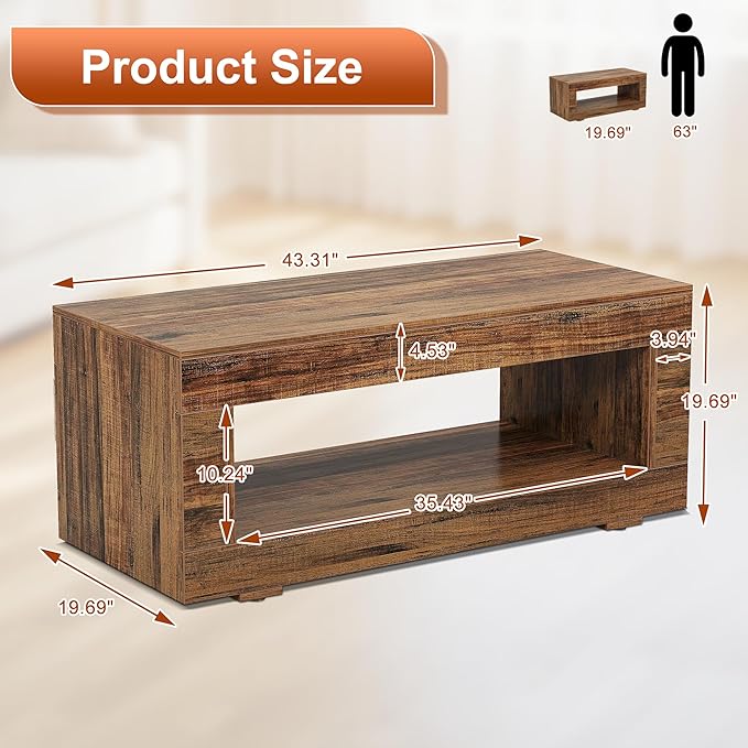 2-Tier Coffee Table with Storage Shelf, 43" Coffee Table for Living Room, Modern Wooden and Metal Accent Center Sofa Side Tables for Couch, Rustic Brown