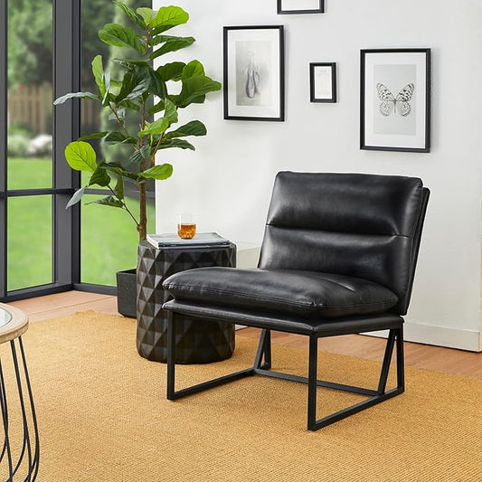 Glitzhome Mid Century Modern Accent Chair, Living Room Thick Leatherette Chair with Metal Frame, Side Chair with Backrest, Upholstered Leisure Chair for Living Room, Bedroom, Office,Black 1PC