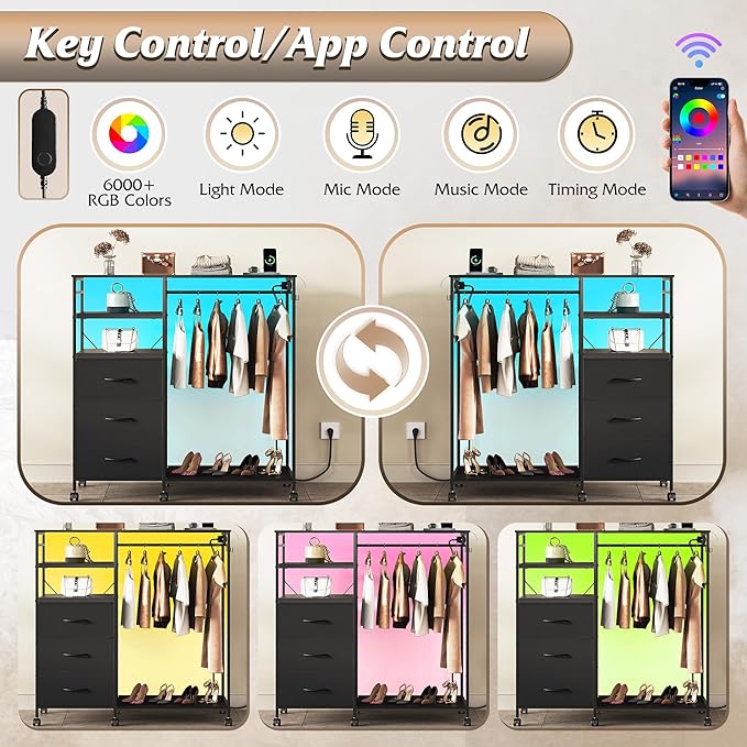 WLIVE Black Dresser with Hanging Rack for Bedroom, 3 Drawer Dresser with LED Lights & Charging Station, Fabric Dressers & Chest of Drawers, Storage Organizer with Open Shelves for Living Room