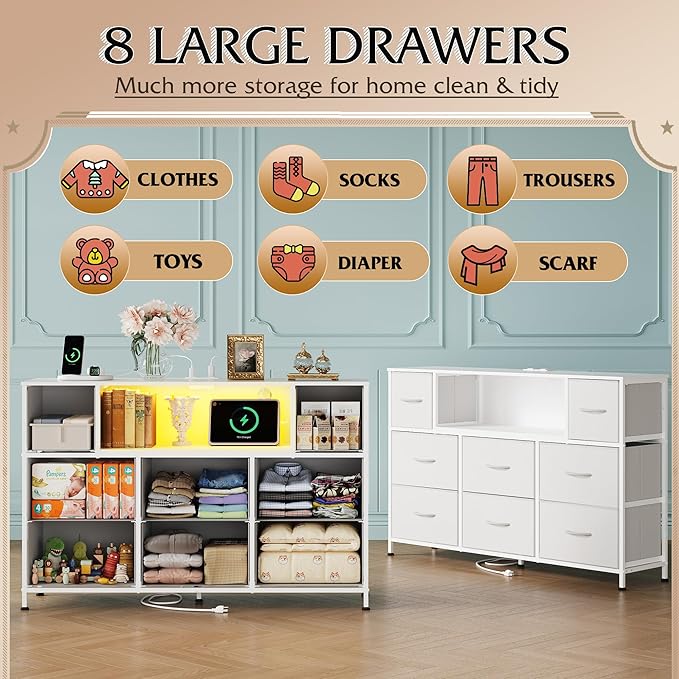 WLIVE White Dresser TV Stand for 45, 50, 55 inch TV, Entertainment Center with LED Lights & Charging Station, Chest of Drawers with 8 Fabric Drawers and Open Shelves for Living Room, Hallway, Wood Top