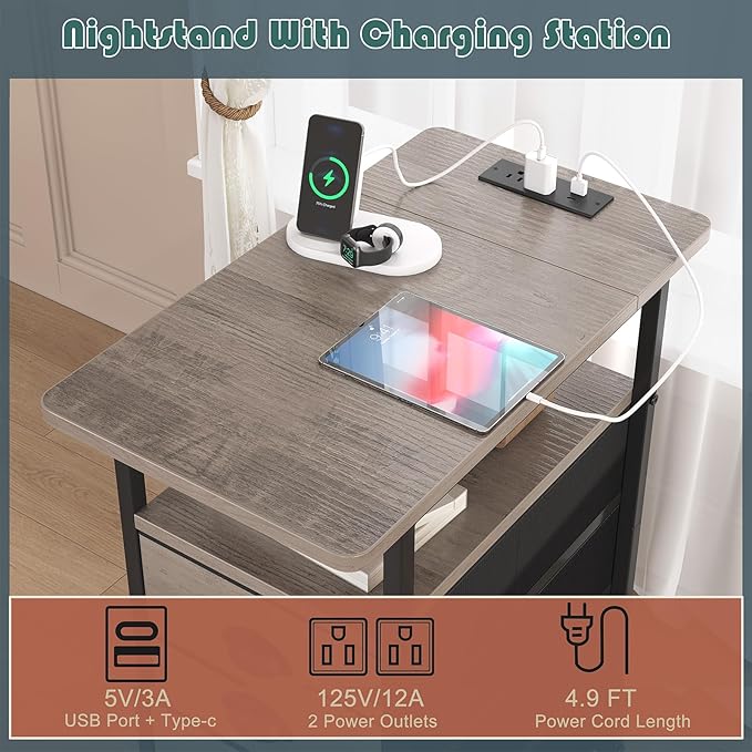 End Table with Charging Station,LED Side Tables with USB Ports and Outlets,Narrow Nightstands Bedside Tables with 3 Drawers for Small Space,Slim Sofa Table for Livingroom,Grey