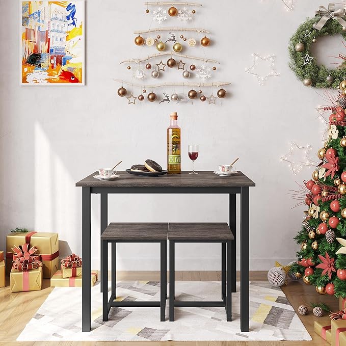 Yaheetech 3 Piece Dining Table Set - Kitchen Table & Chair Sets for 2 - Compact Table w/ 2 Stools & Space Saving Design for Dining Room Living Room Apartment Pub, Drift Brown