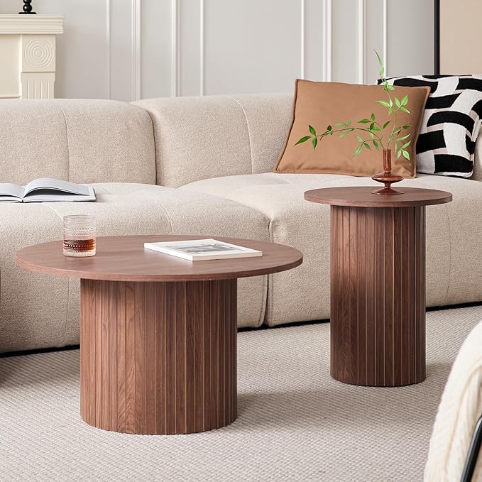 Round Nesting Coffee Tables Set of 2 -φ27.6 Large Short + φ15.8 Small Tall Boho Circle Side Tables with Fluted Drum Design, Brown