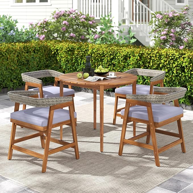 Tangkula Round Outdoor Dining Table for 4 People, 36 inch Acacia Wood Patio Table with Slatted Tabletop, Indoor Outdoor Farmhouse Bistro Table for Yard, Garden, Poolside, Deck