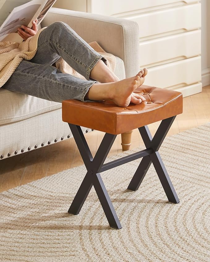 IBUYKE U-Shaped PU Vanity Stool, Square Makeup Chair with X-Leg, Ottoman Seat Footrest Stool, Multi-Use as Small Side Table, for Bedroom, Living Room, Light Brown WBD019J