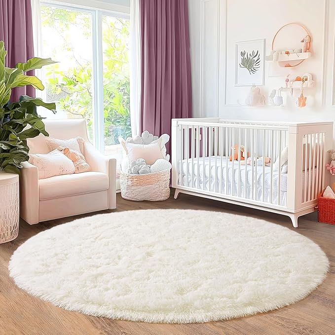5'x5' Cream Round Rugs for Girls Bedroom, Ultra Soft Fluffy Circle Rug for Kids Room, Cute Shag Rugs for Living Room Playroom Tent Castle Home Decor Rug