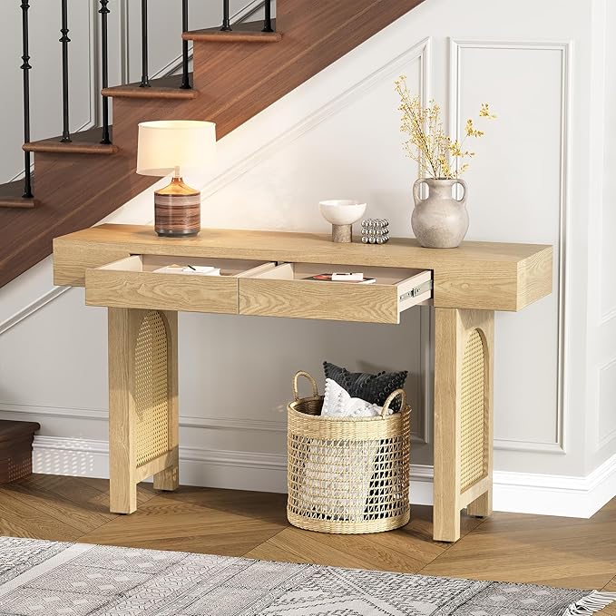 51.9" Narrow Console Table for Entryway, with Storage Drawers, Natural Wood Finish Table Rattan Accent, Stylish Rustic Sofa Table for Living Room and Hallway (Natural Wood)