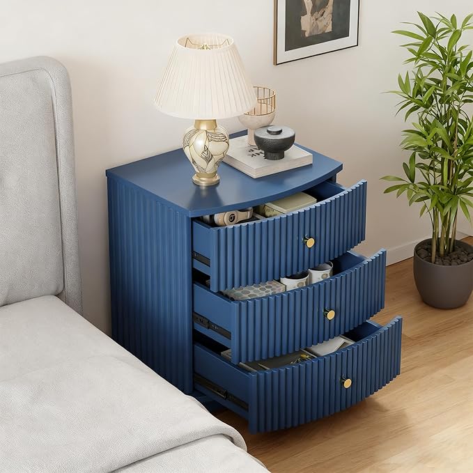 Grooved Wood End Table with 3 Drawers, Curved Edge Storage Side Table, Three Drawer Nightstand Compact Sofa Bedside Table for Bedroom, Living Room and Small Spaces, Blue