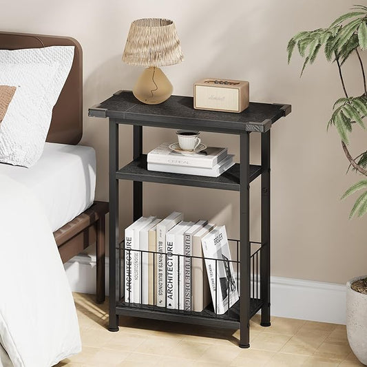 Heybly Small Narrow Side Table for Small Space, Thin Bedside Table with Storage Basket, Skinny End Table, 25.2" Tall Nightstand, Couch Table for Living Room, Bedroom, Study, Kitchen, Black, HET004BK1