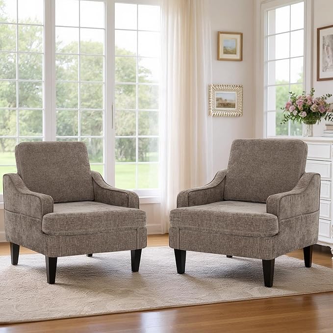 Accent Chair for Living Room,Mid-Century Arm Chair Chenille Living Room Chairs,Upholstered Reading Chair for Bedroom,Single Sofa Chair with Wood Legs for Apartment,Brown,2 Pack