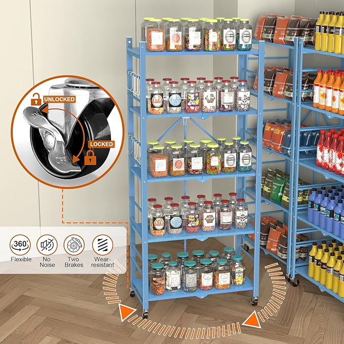 Storage Shelves with 20 Hooks, 5-Tier Foldable Shelf for Storage, Folding Shelf Unit Pantry Shelves with Wheels, Standing Shelving Unit for Kitchen Garage Home Office Room Greenhouse, Blue